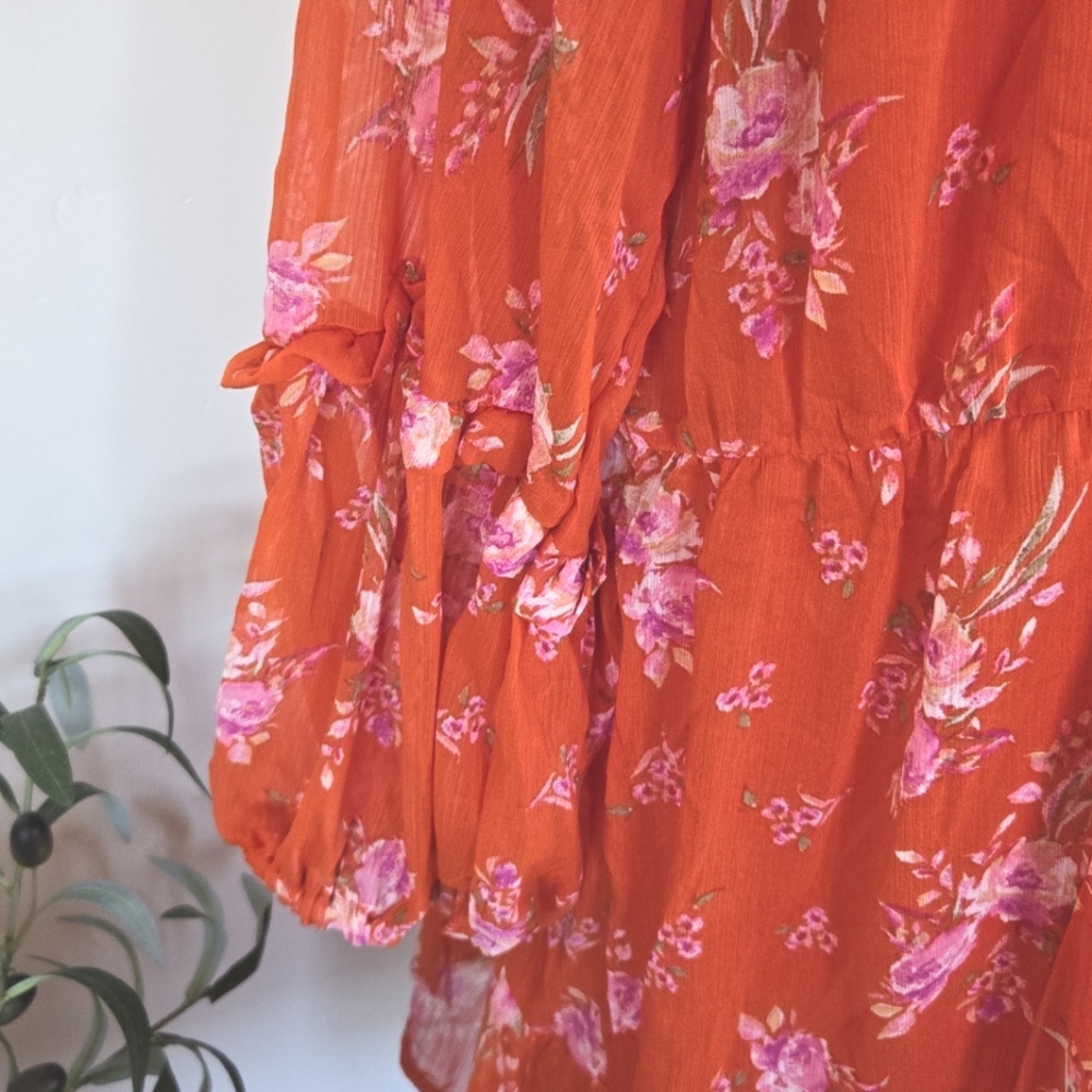VINCE CAMUTO Orange Floral Georgette Longsleeve Lined Dress XXL Summer Casual - Picture 6 of 9